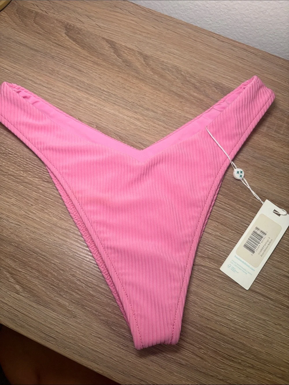 NWT Frankie's Bikinis Bright Pink Ribbed High-Cut Bikini Bottom